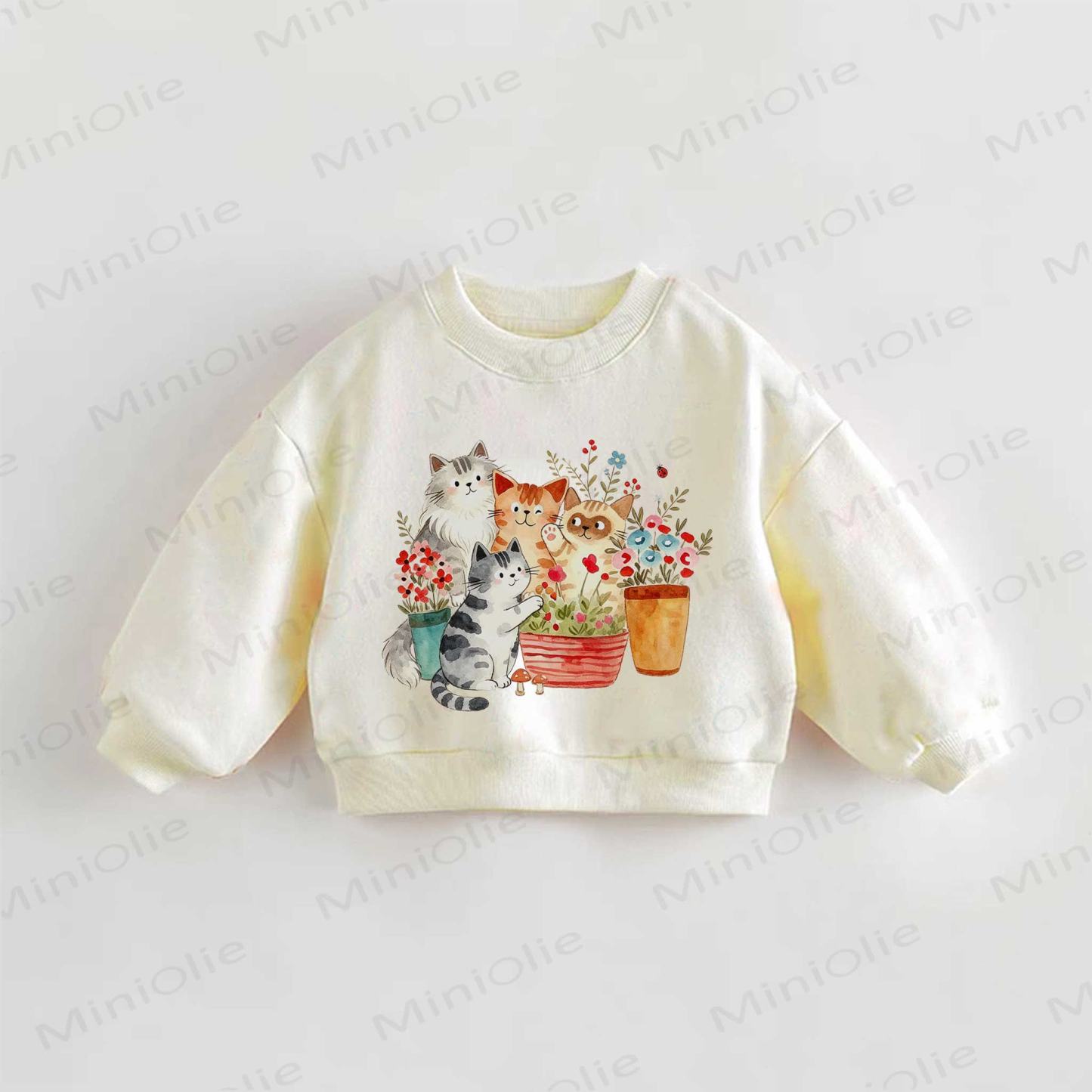 Baby Toddler Watercolor Cats Flowers Print Cream Sweatshirt - Cream - 3-5T - image 1