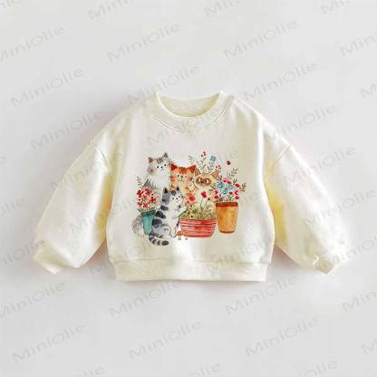 Baby Toddler Watercolor Cats Flowers Print Cream Sweatshirt - Cream - 3-5T - image 1