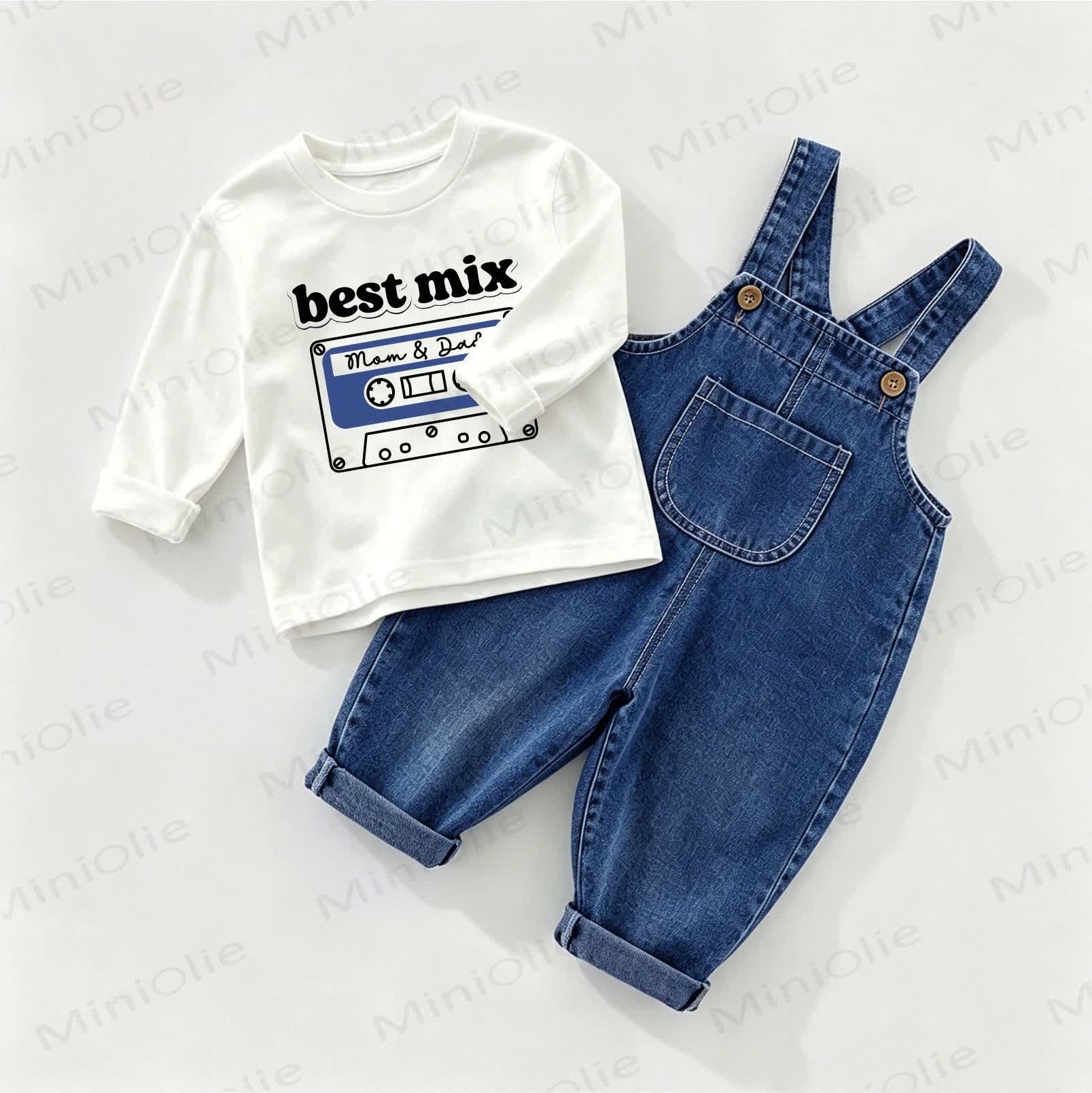 BEST MIX MOM & DAD Baby Denim Overalls and Tee 2-piece Set - White&Blue - 2-3T - image 1