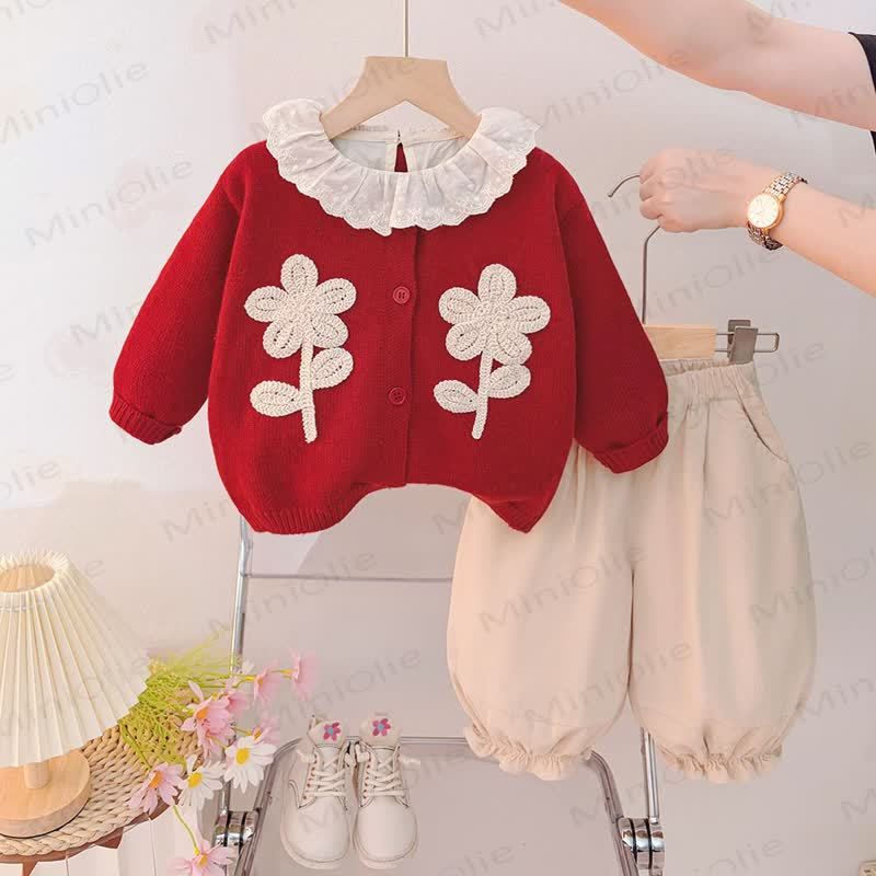 Baby Toddler Floral Lace Collar Knit Cardigan 3-piece Set - Red - 4-5T - image 1