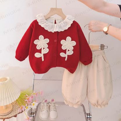 Baby Toddler Floral Lace Collar Knit Cardigan 3-piece Set - Red - 4-5T - image 1