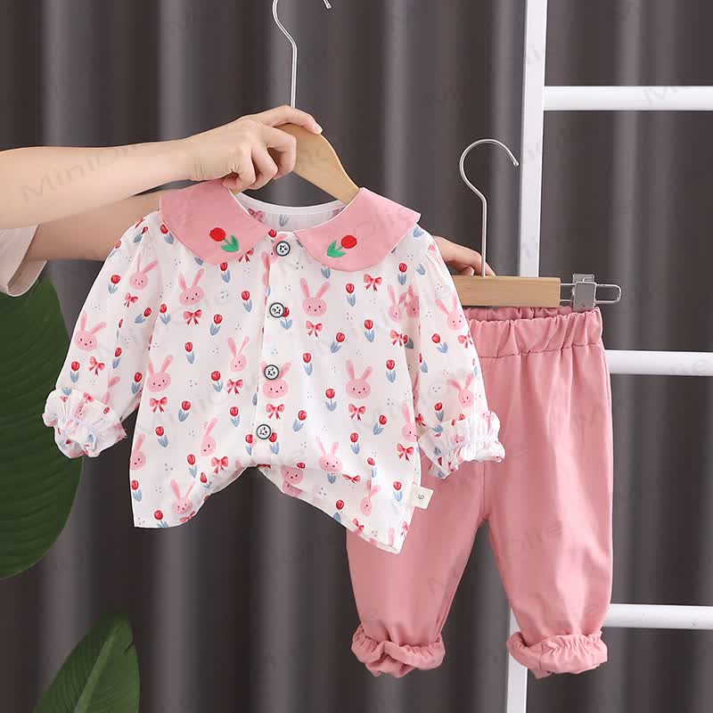 Baby Toddler Girl Bunny Print Peter Pan Top and Pants 2-piece Set - Pink - 4-5T - image 1