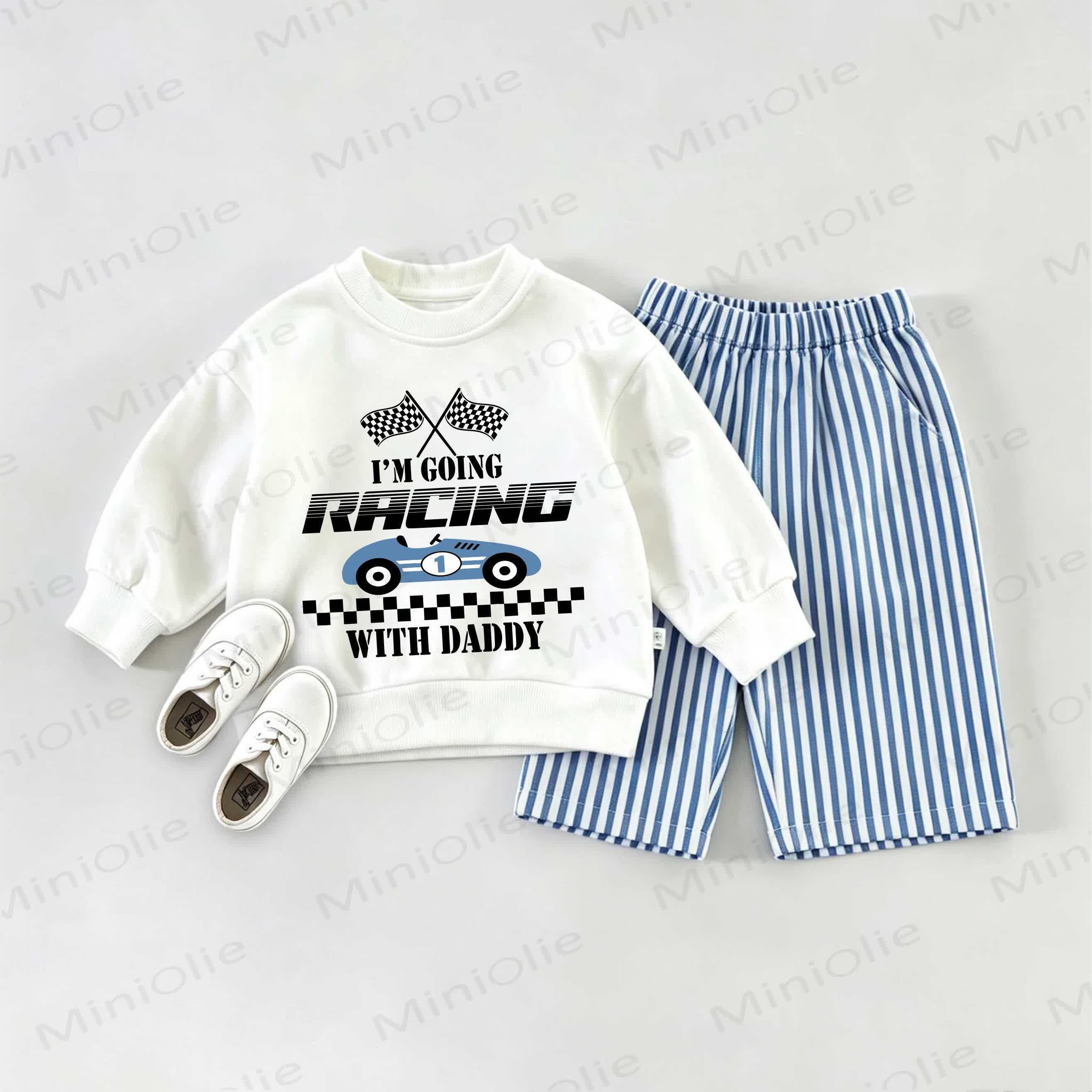 I'M GOING RACING WITH DADDY Baby Sweatshirt 2-piece Set - White&Blue - 2-3T - image 1