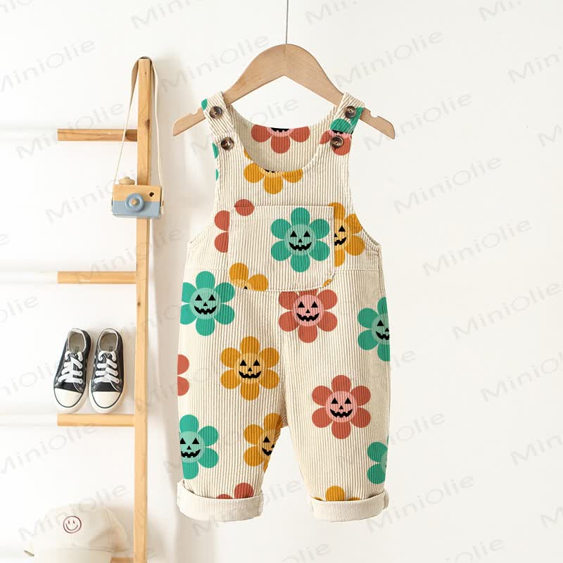 Baby Toddler Funny Face Flower Beige Corduroy Pocket Overalls - Beige - 5-7T - image 1