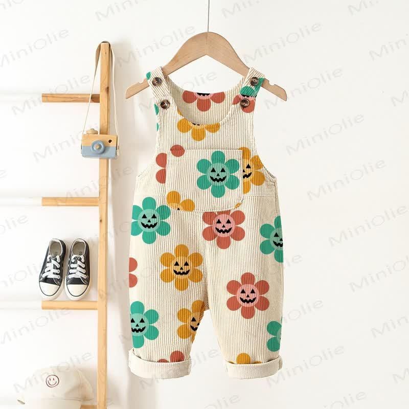 Baby Toddler Funny Face Flower Beige Corduroy Pocket Overalls - Beige - 5-7T - image 1