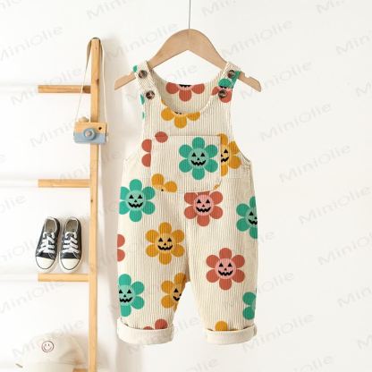 Baby Toddler Funny Face Flower Beige Corduroy Pocket Overalls - Beige - 5-7T - image 1