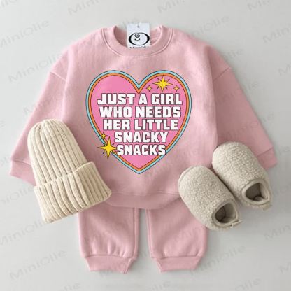 JUST A GIRL WHO NEEDS HER LITTLE SNACKY SNACKS Baby Pink Sweatshirt 2-piece Set - Pink - 2-3T - image 1