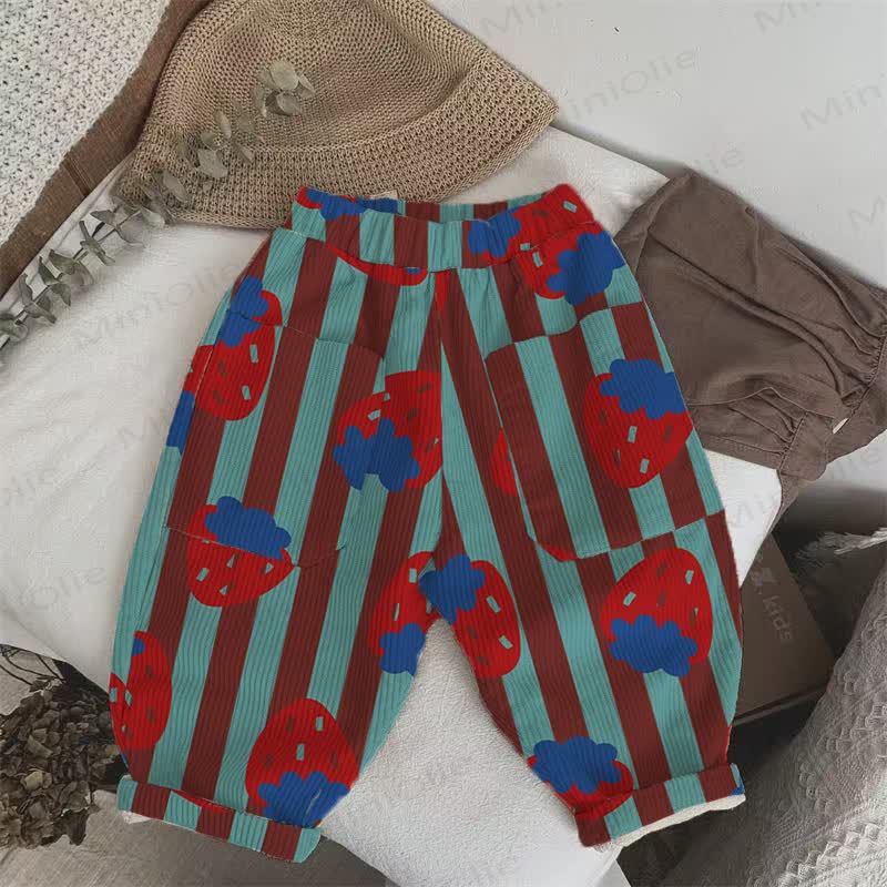Baby Toddler Vertical Stripe Strawberry Print Corduroy Pants - Green - 5-7T - image 1