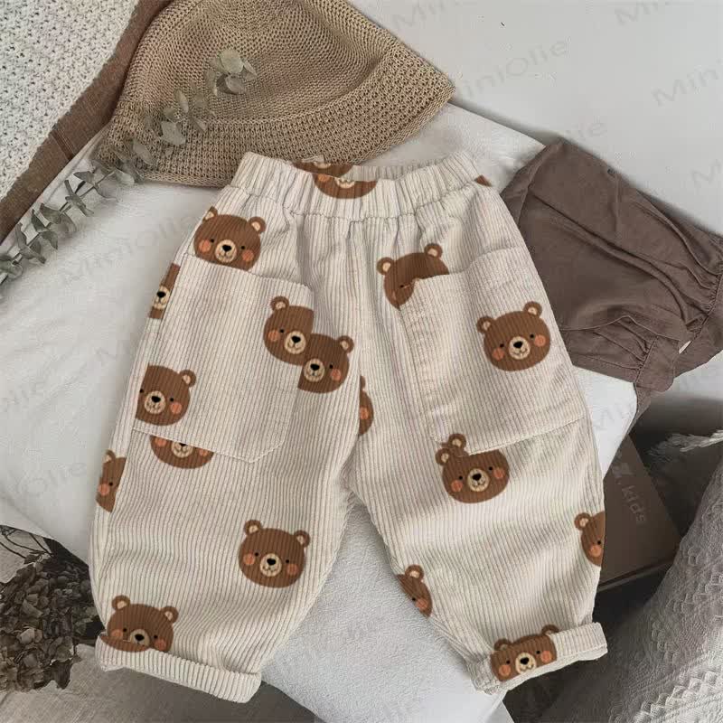 Baby Toddler Cute Bear Face Print Corduroy Pants - Off-White - 5-7T - image 1