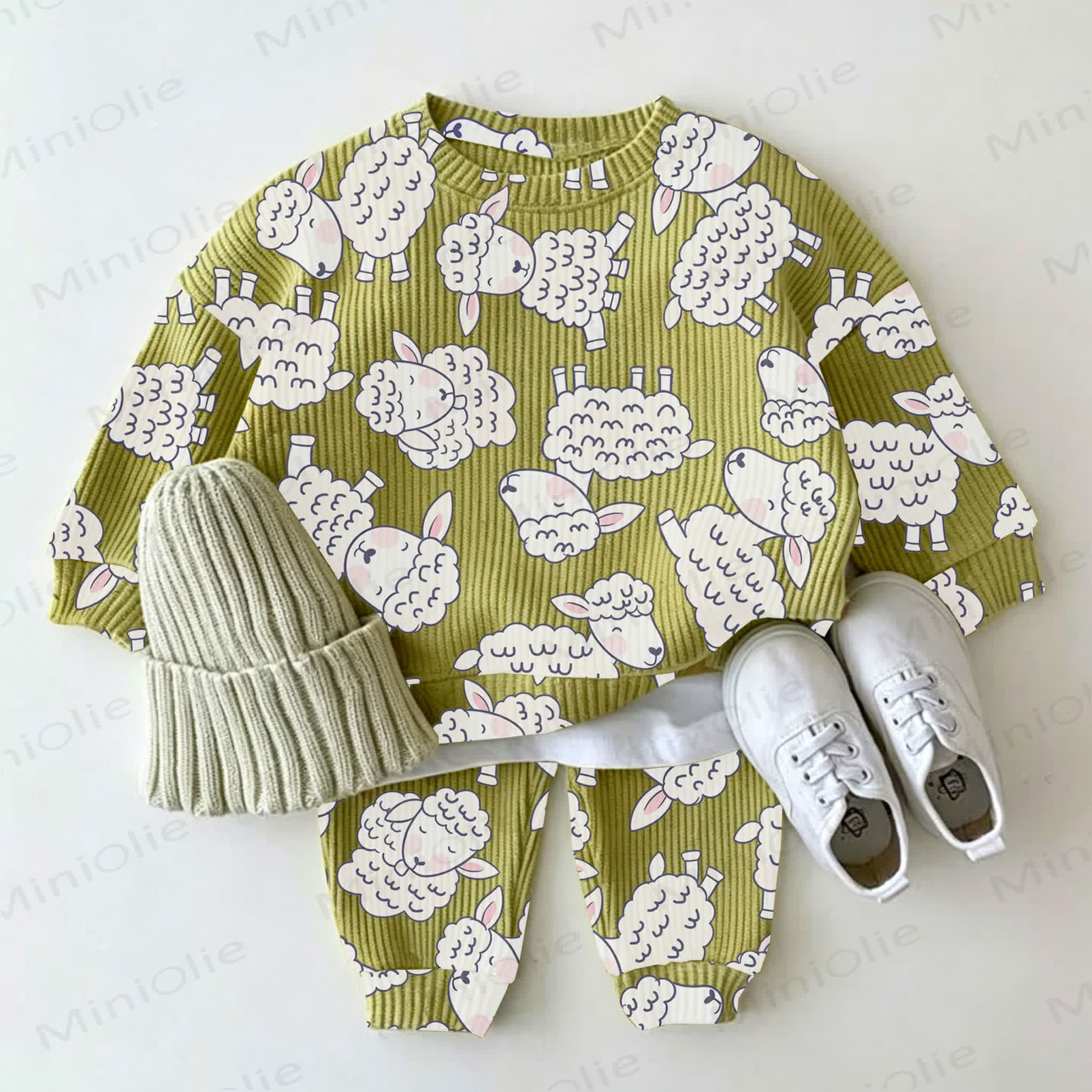 Baby Green Cute Lamb Sheep Print Waffle 2-piece Set - Green - 2-3T - image 1