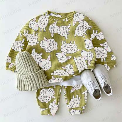 Baby Green Cute Lamb Sheep Print Waffle 2-piece Set - Green - 2-3T - image 1