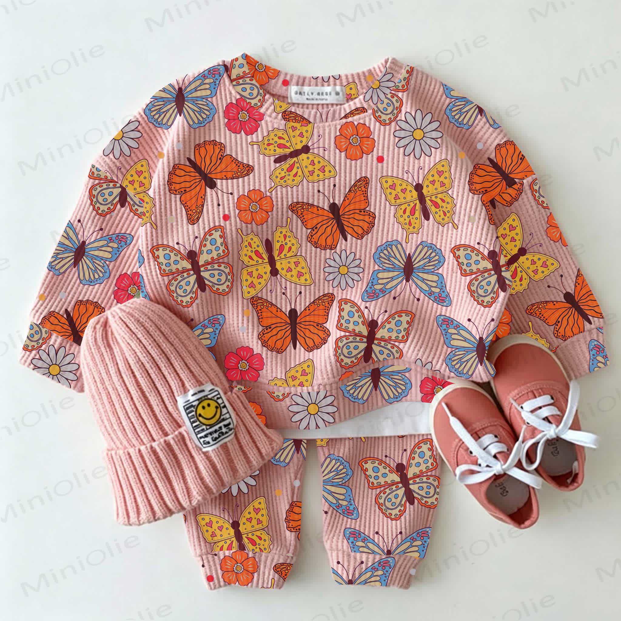 Baby Butterfly Flower Print Pink Waffle 2-piece Set - Pink - 2-3T - image 1