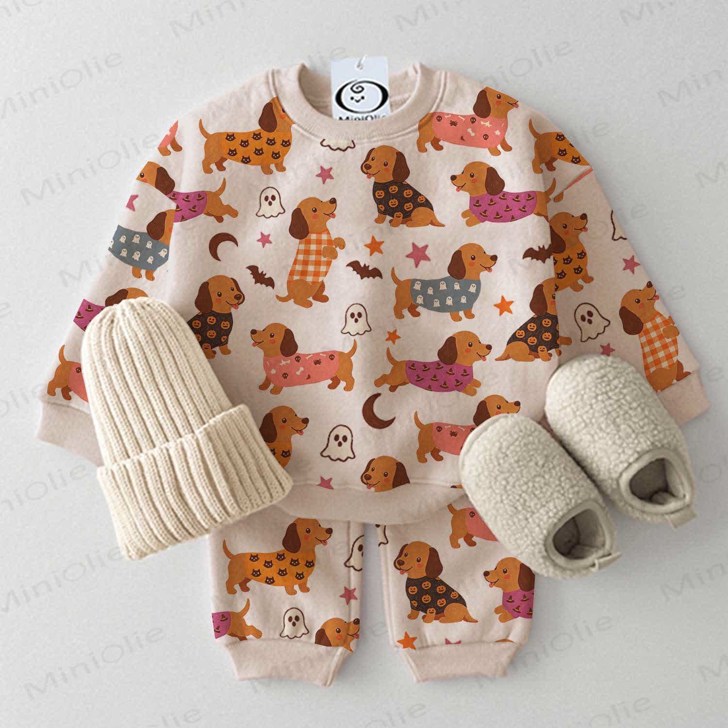 Baby Halloween Dachshund Dog Print 2-piece Set - Beige - 3-5T - image 1