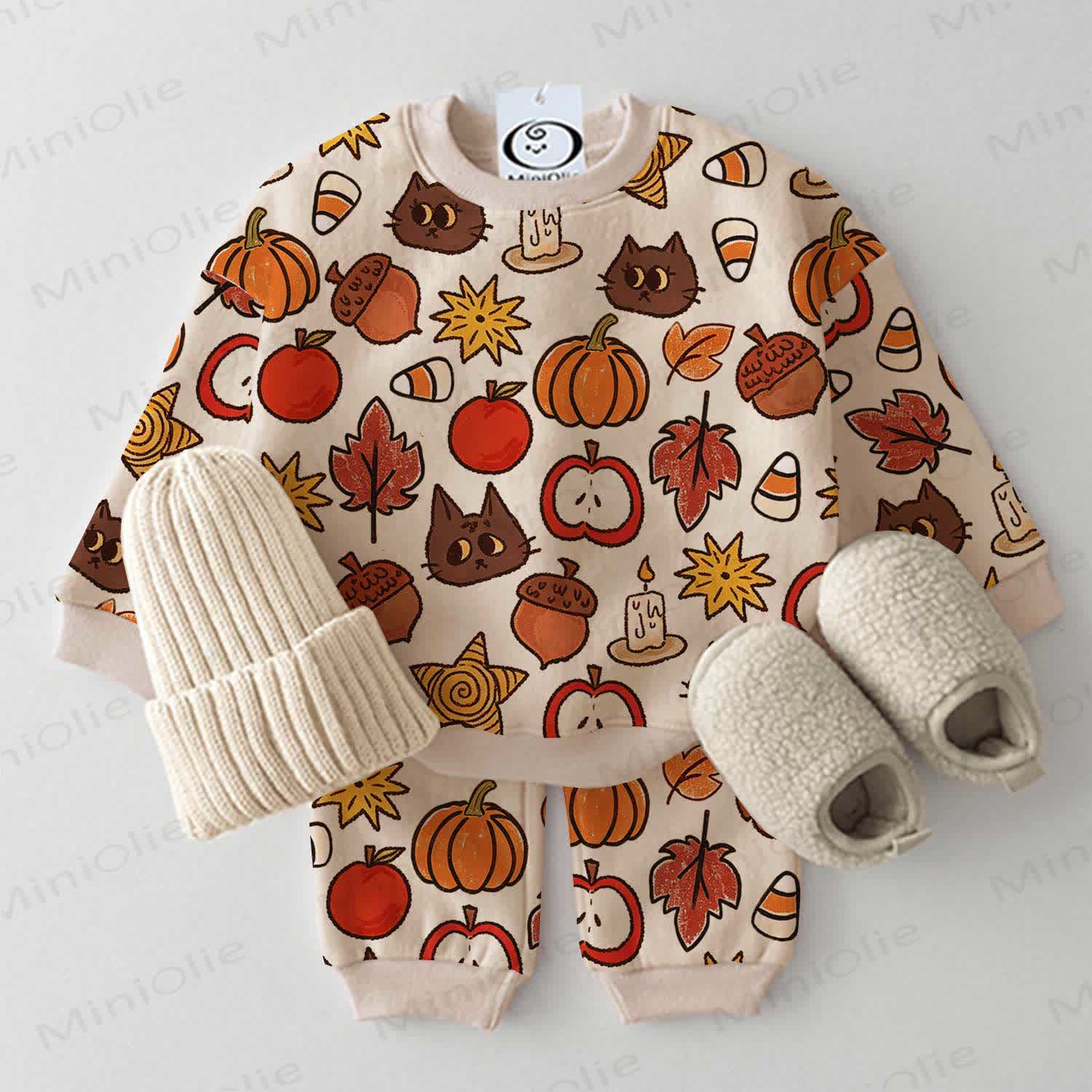 Baby Fall Pumpkin Black Cat Print 2-piece Set - Beige - 3-5T - image 1
