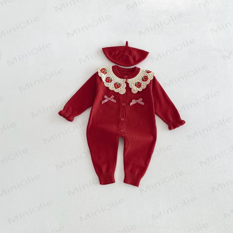 Baby Strawberry Collar Romper Beret Set - Red - 18-24M - image 3