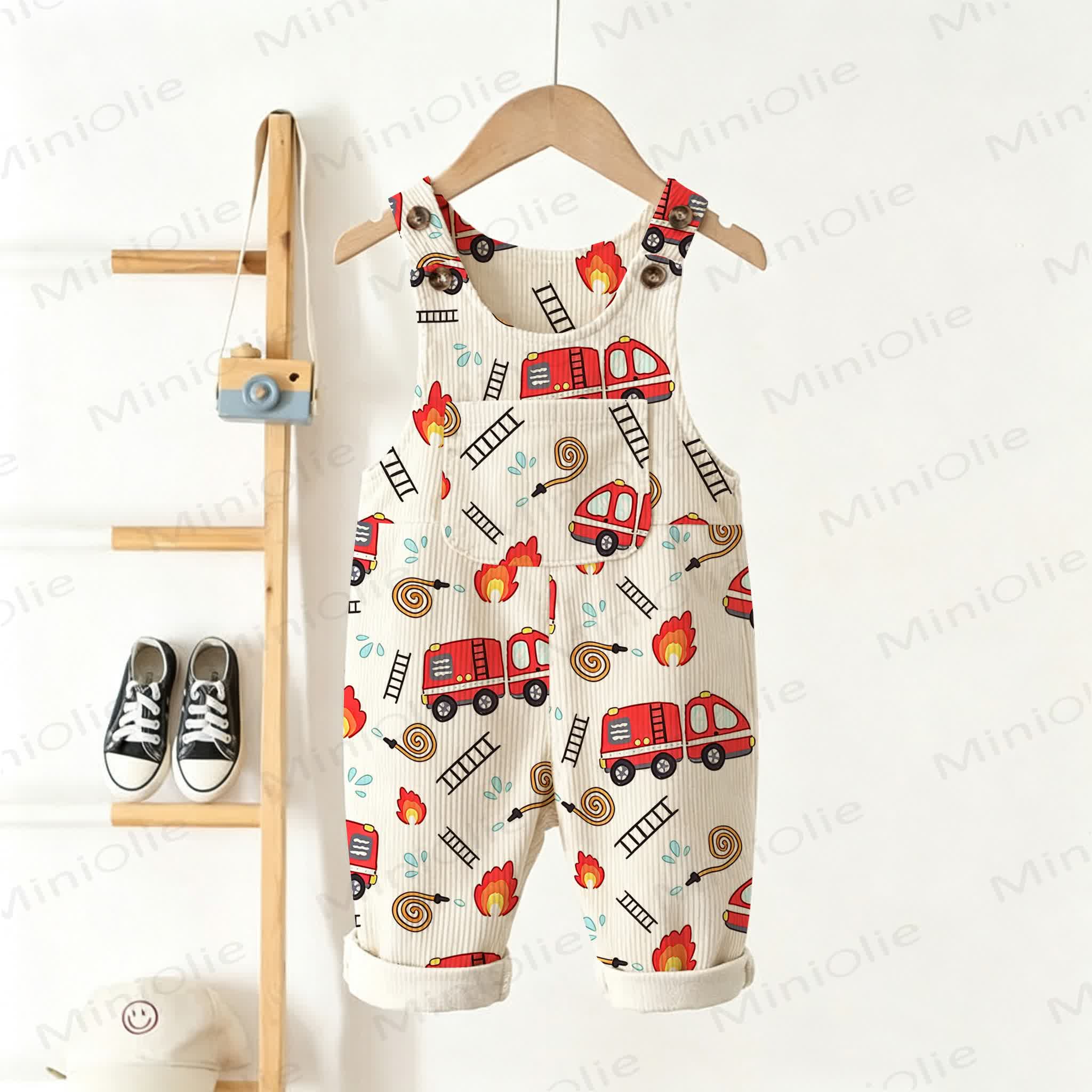 Baby Toddler Fire Truck Print Beige Overalls - Beige - 3-5T - image 1