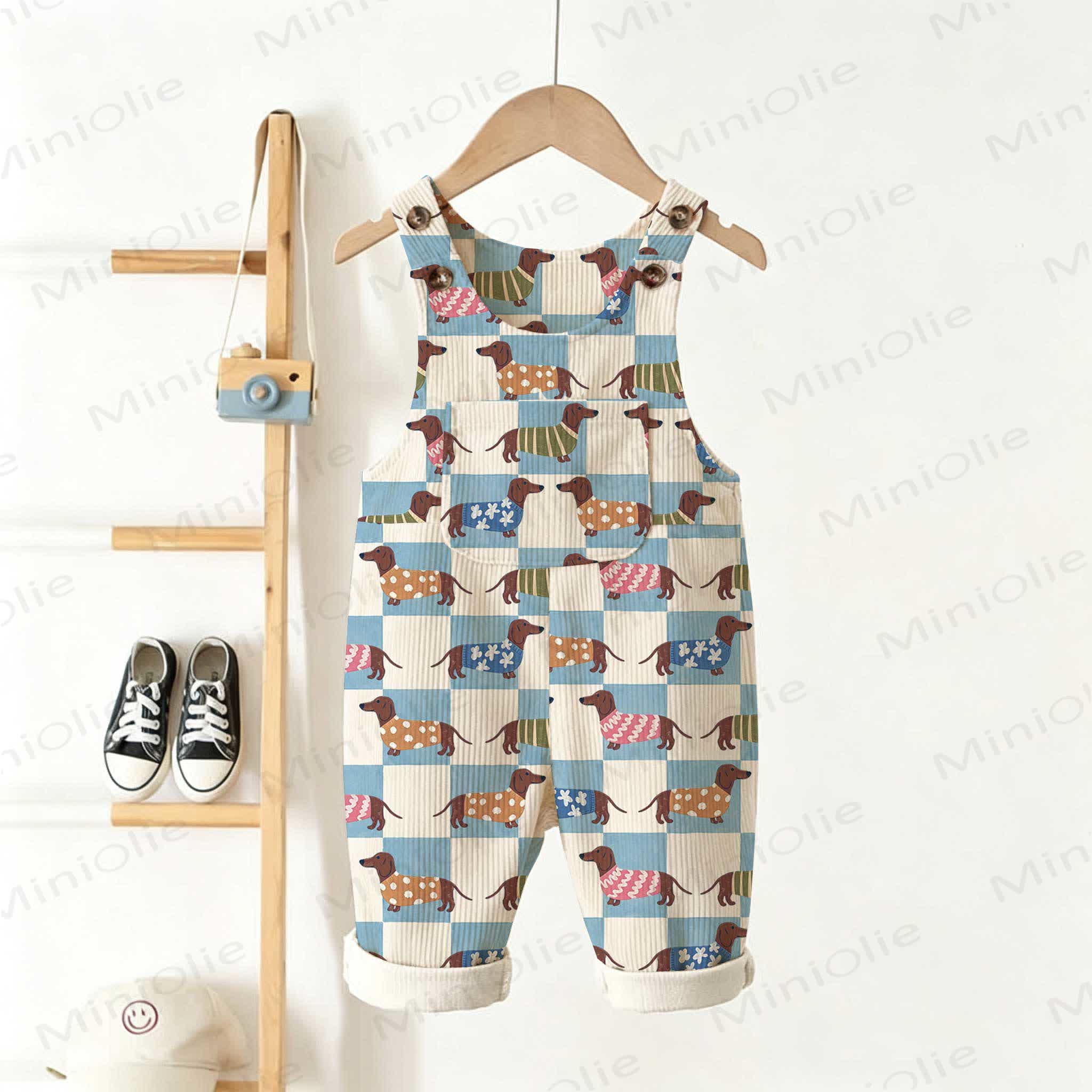 Baby Toddler Checkerboard Dachshund Dog Print Beige Overalls - Beige - 3-5T - image 1
