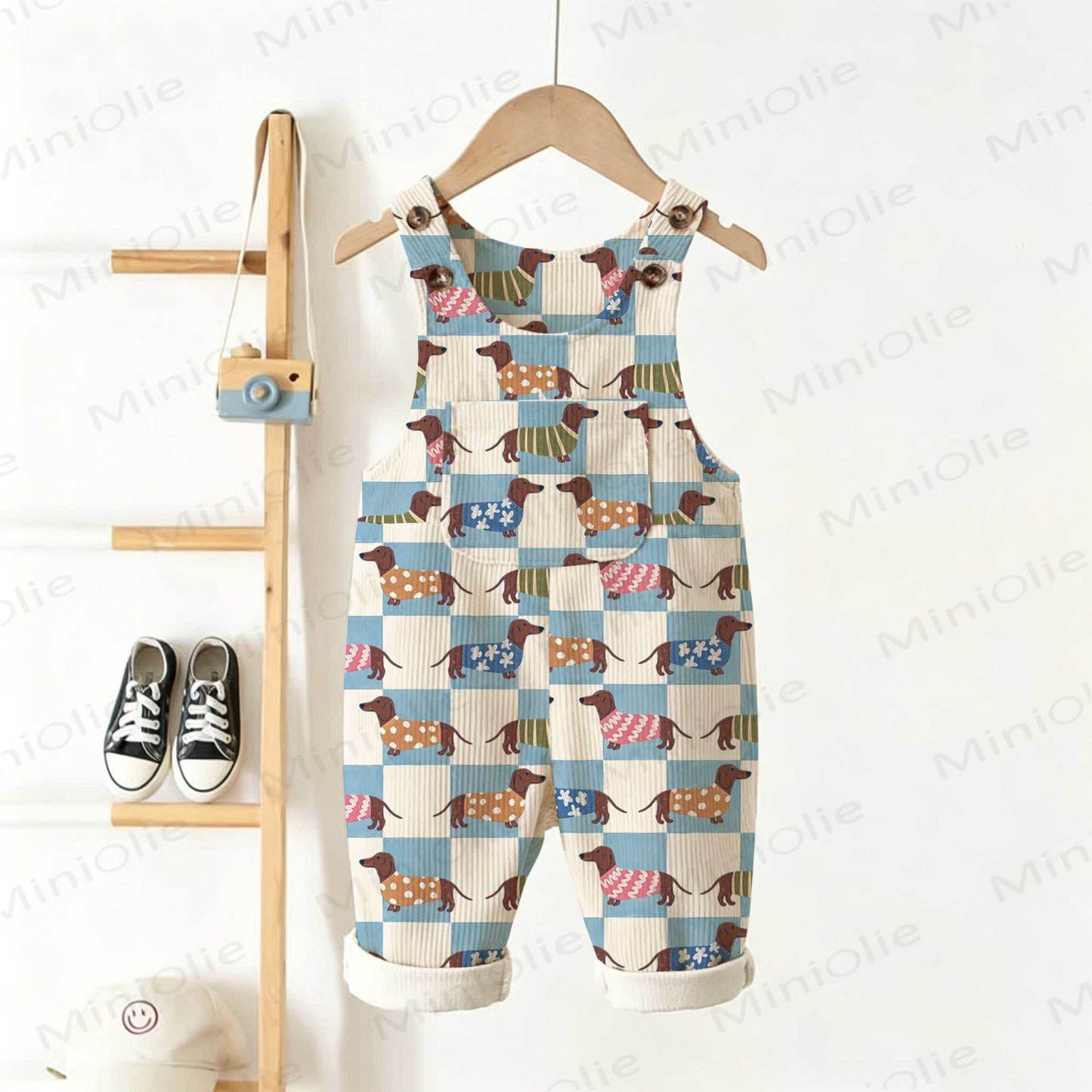 Baby Toddler Checkerboard Dachshund Dog Print Beige Overalls - Beige - 3-5T - image 1