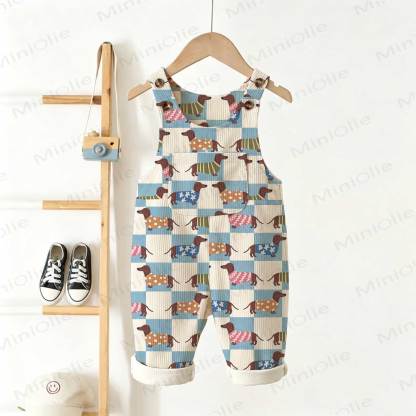 Baby Toddler Checkerboard Dachshund Dog Print Beige Overalls - Beige - 3-5T - image 1