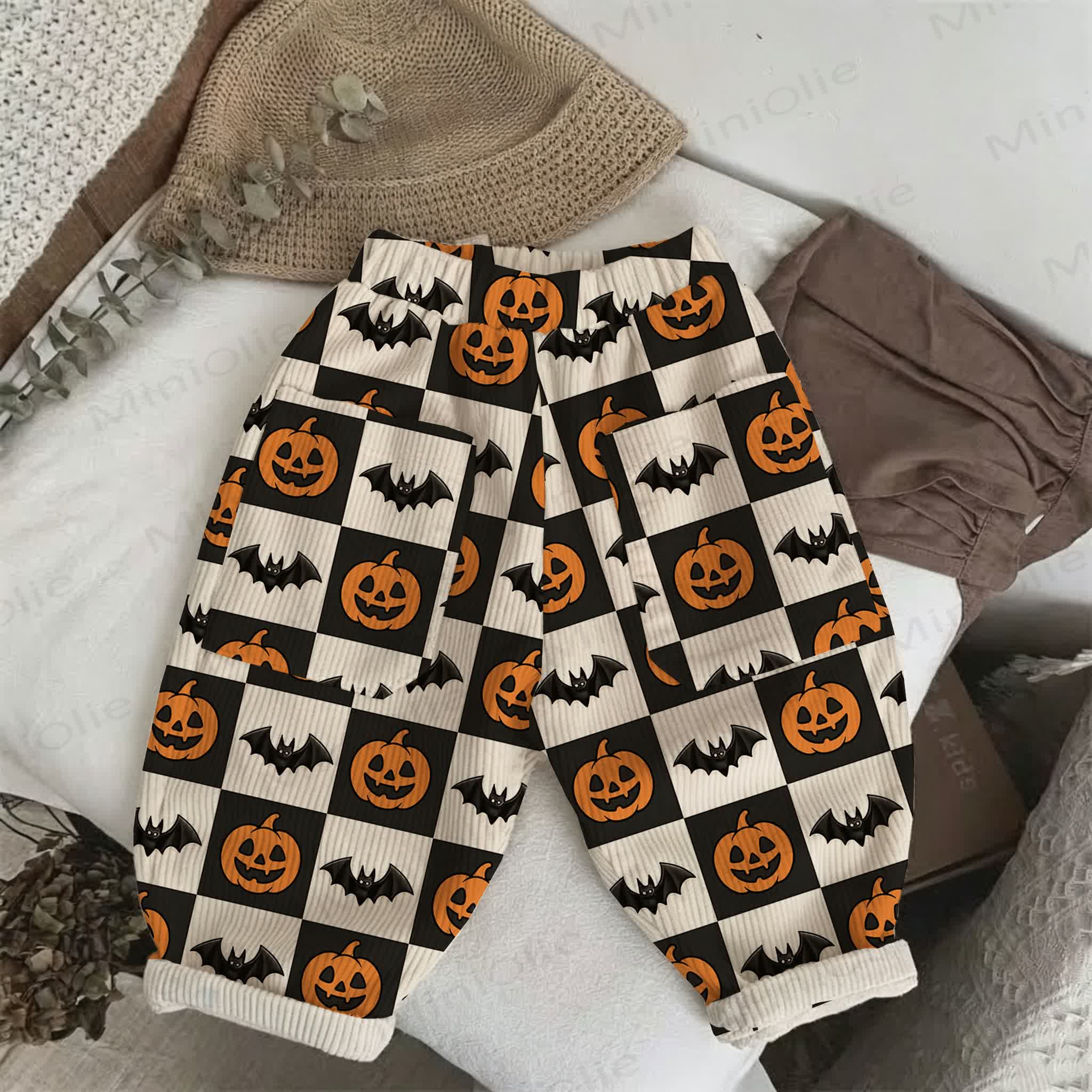Baby Toddler Checkerboard Halloween Pumpkin Bat Print Corduroy Pants - Off-White - 5-7T - image 1
