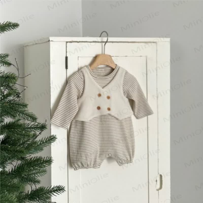 Baby Stripe Print Faux Two‑Piece Romper - Khaki - 18-24M - image 3