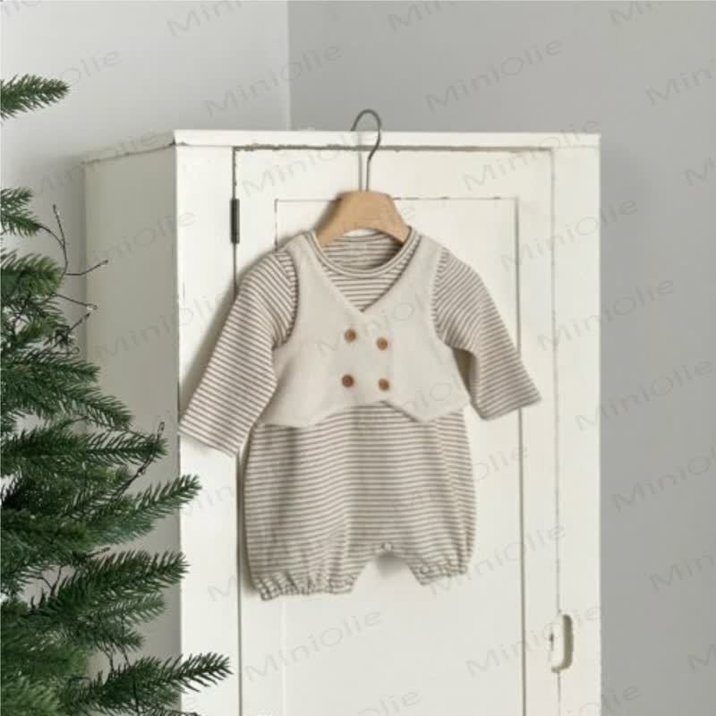 Baby Stripe Print Faux Two‑Piece Romper - Khaki - 18-24M - image 3