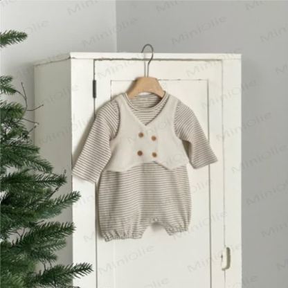 Baby Stripe Print Faux Two‑Piece Romper - Khaki - 18-24M - image 3