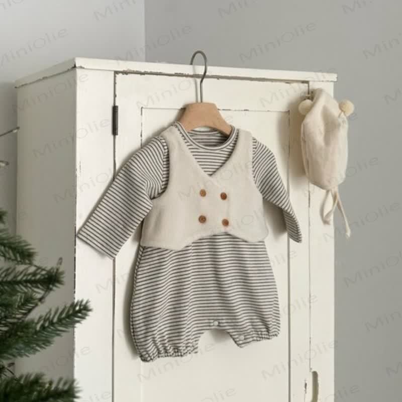 Baby Stripe Print Faux Two‑Piece Romper - Black - 18-24M - image 2