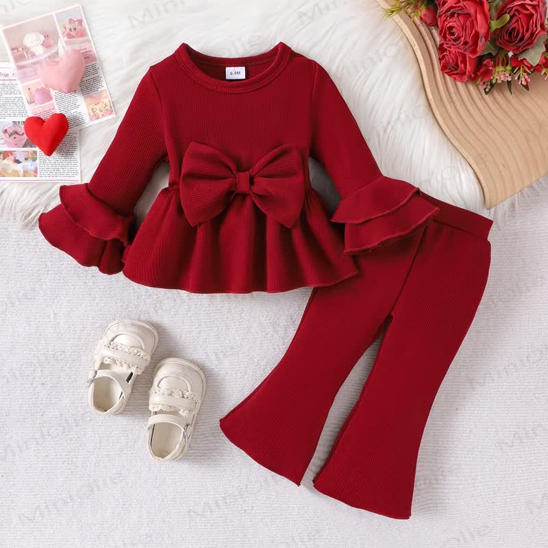 Baby Girl Red Ribbed Bow Peplum and Flare Pants 2-piece Set - Red - 2-3Y - image 1
