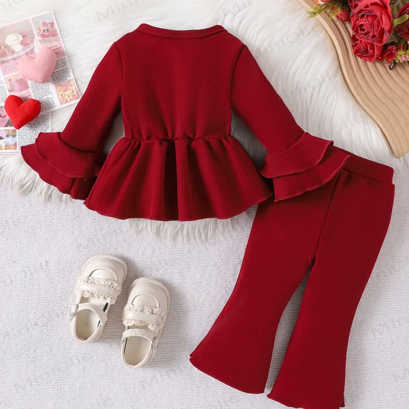 Baby Girl Red Ribbed Bow Peplum and Flare Pants 2-piece Set - image 2