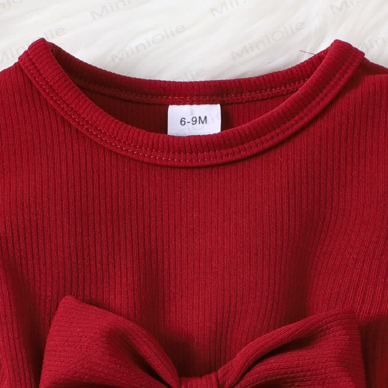 Baby Girl Red Ribbed Bow Peplum and Flare Pants 2-piece Set - image 3
