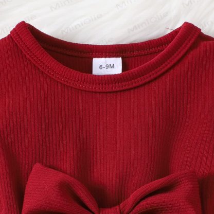 Baby Girl Red Ribbed Bow Peplum and Flare Pants 2-piece Set - image 3