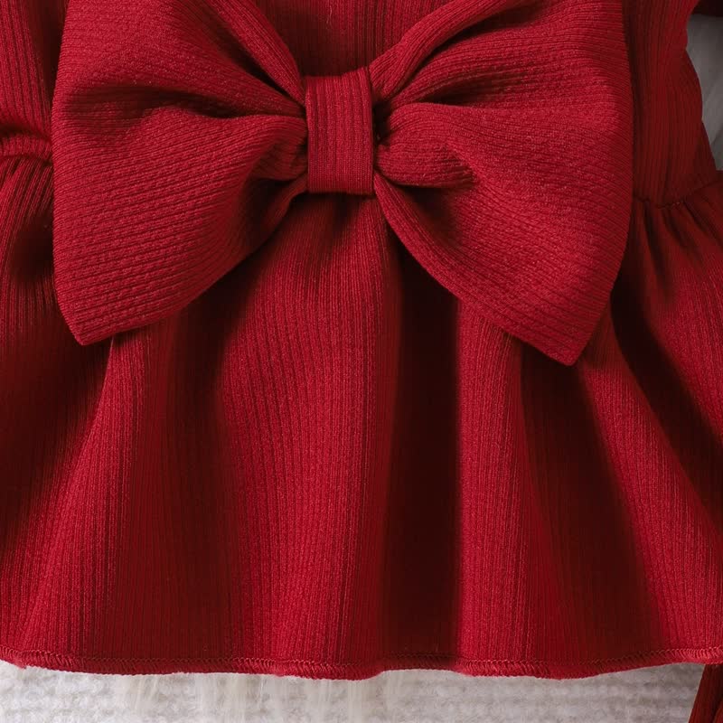 Baby Girl Red Ribbed Bow Peplum and Flare Pants 2-piece Set - image 4