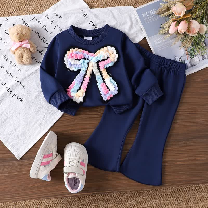Baby Girls Bow Sweatshirt and Flare Pants 2-piece Set - Navy - 2-3Y - image 2