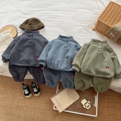 Baby Solid Color Cozy Fleece Half Placket and Jogger 2-piece Set - image 1