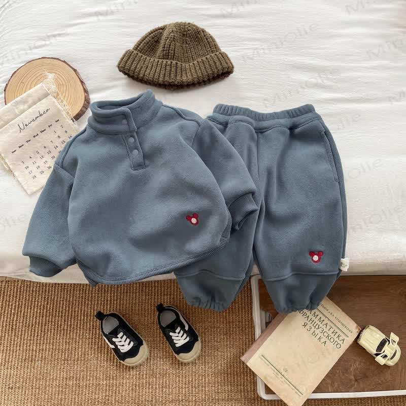 Baby Solid Color Cozy Fleece Half Placket and Jogger 2-piece Set - Blue - 3-4T - image 2