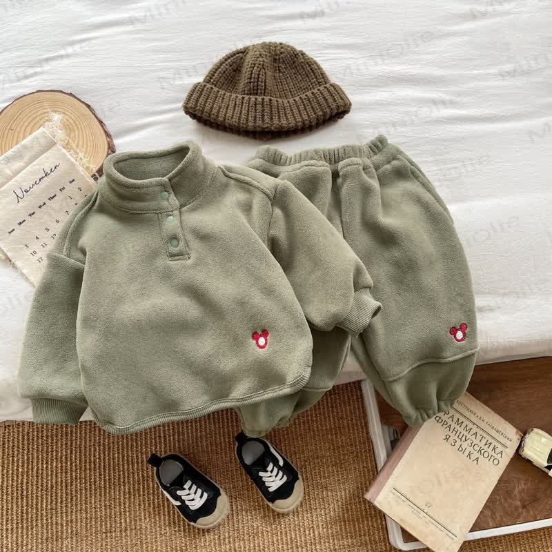 Baby Solid Color Cozy Fleece Half Placket and Jogger 2-piece Set - Green - 3-4T - image 3