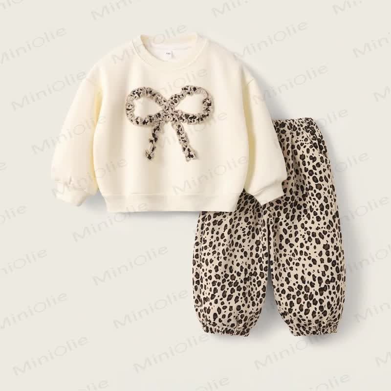 Toddler Baby Leopard Bow Sweatshirt and Pants 2-piece Set - Beige - 4-5T - image 1