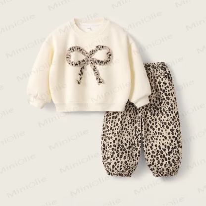 Toddler Baby Leopard Bow Sweatshirt and Pants 2-piece Set - Beige - 4-5T - image 1