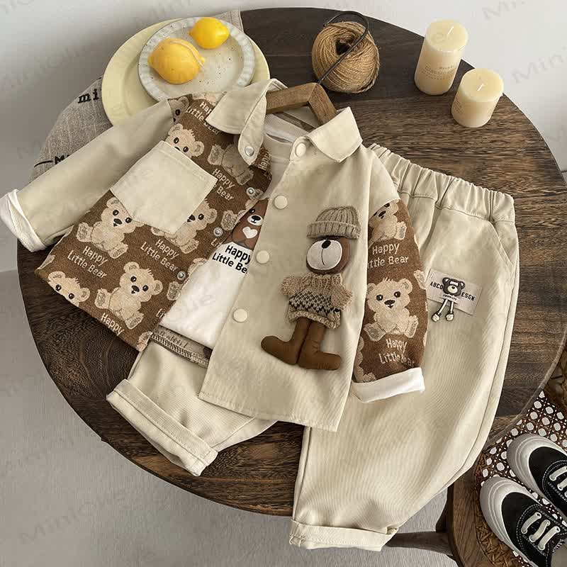 Toddler Baby Bear Patch Collared Jacket and Pants 3-piece Set - image 1