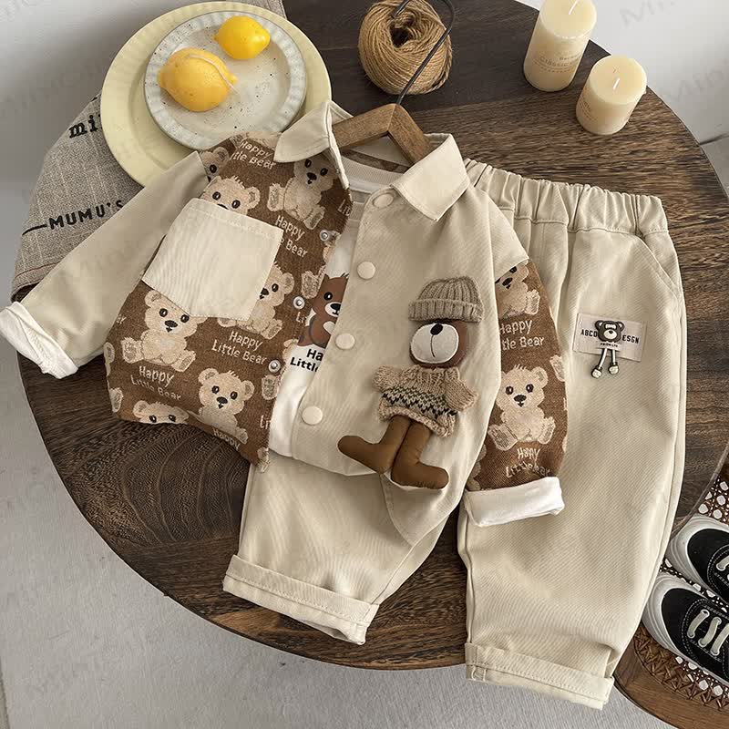 Toddler Baby Bear Patch Collared Jacket and Pants 3-piece Set - Beige - 4-5T - image 2