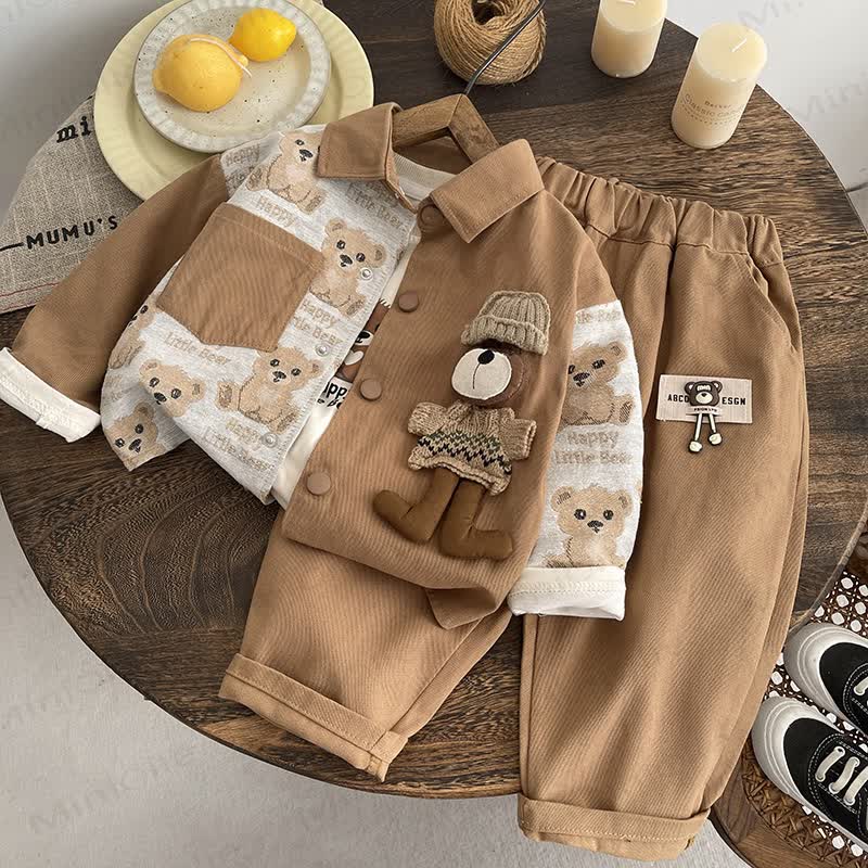 Toddler Baby Bear Patch Collared Jacket and Pants 3-piece Set - Brown - 4-5T - image 3