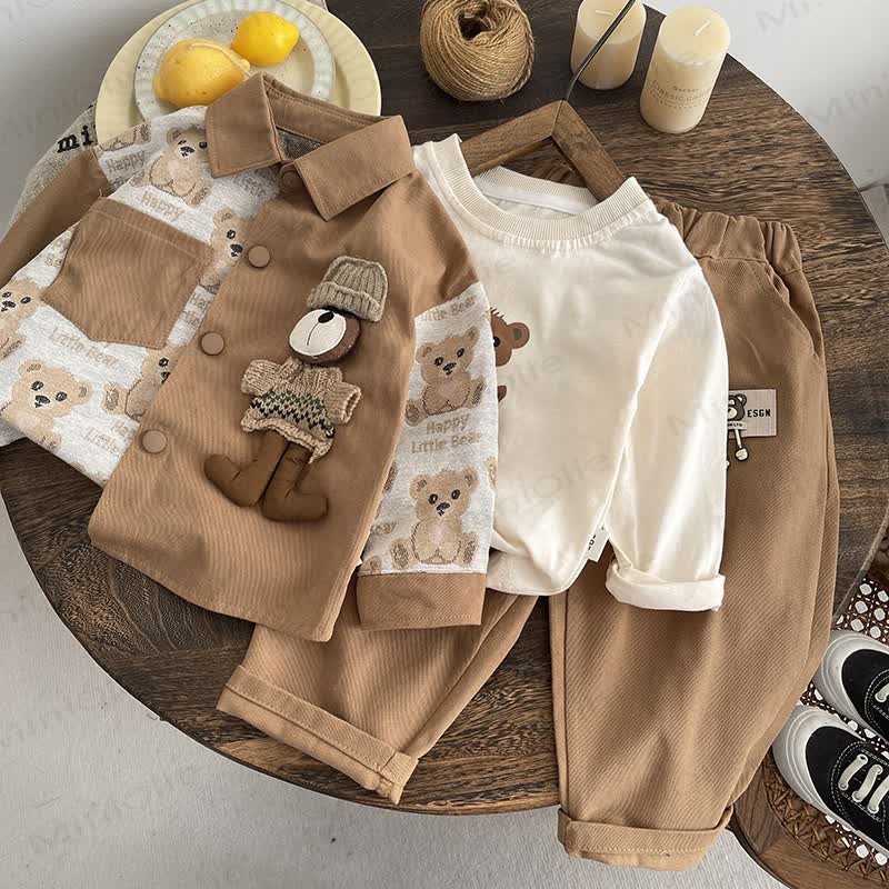 Toddler Baby Bear Patch Collared Jacket and Pants 3-piece Set - image 5