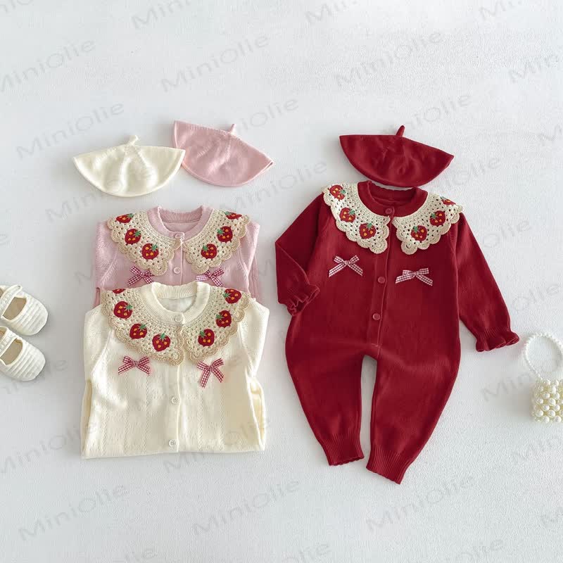 Baby Strawberry Collar Romper Beret Set - image 2