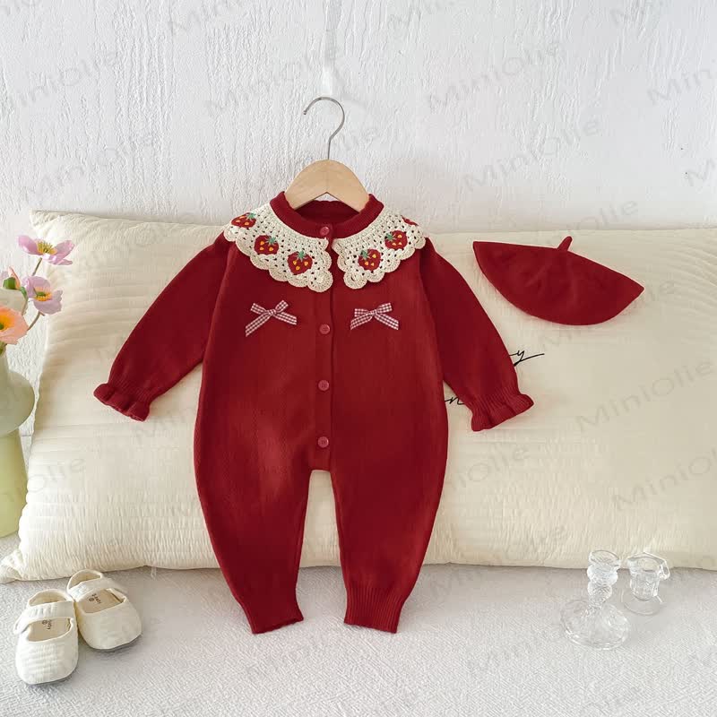 Baby Strawberry Collar Romper Beret Set - image 4