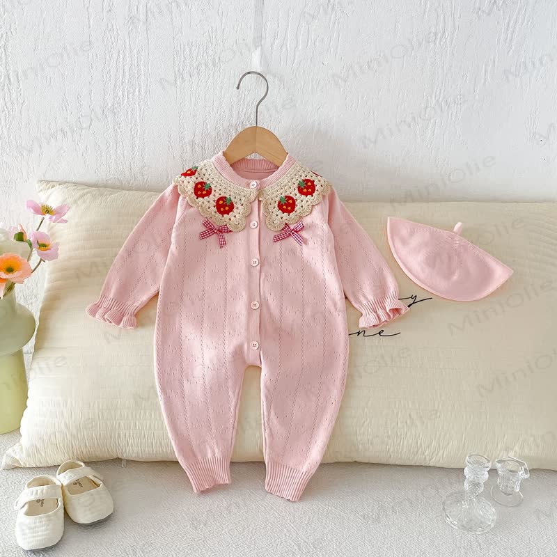 Baby Strawberry Collar Romper Beret Set - image 6