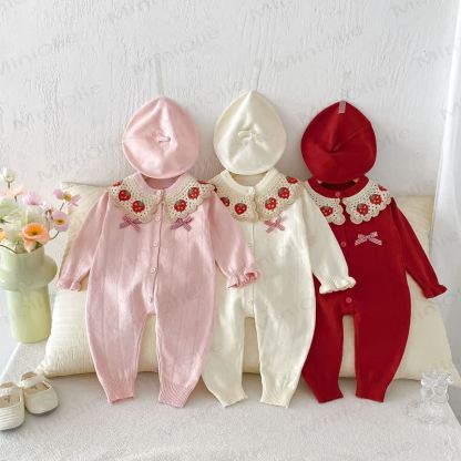 Baby Strawberry Collar Romper Beret Set - image 1