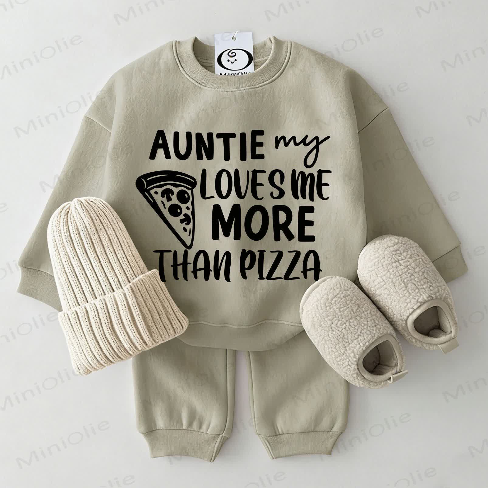 AUNTIE MY LOVES ME MORE THAN PIZZA Baby Sweatshirt 2-piece Grey Green Set - Grey Green - 2-3T - image 1