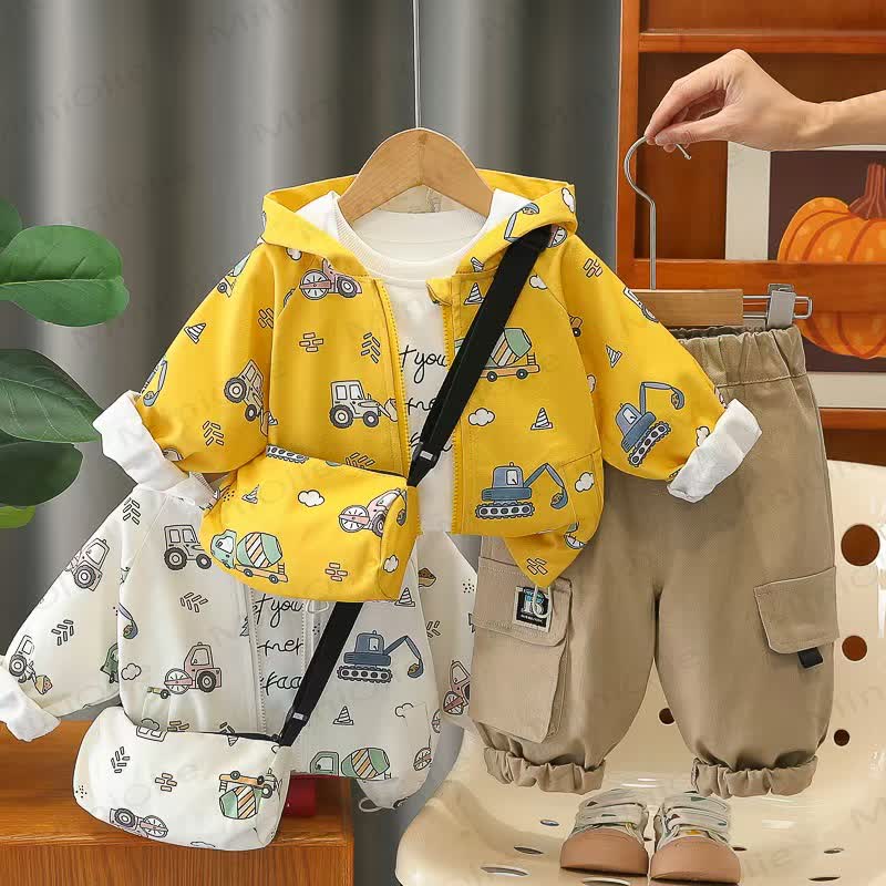 Baby Toddler Boy Construction Print Hooded and Cargo 3-piece Set with Bag - image 1