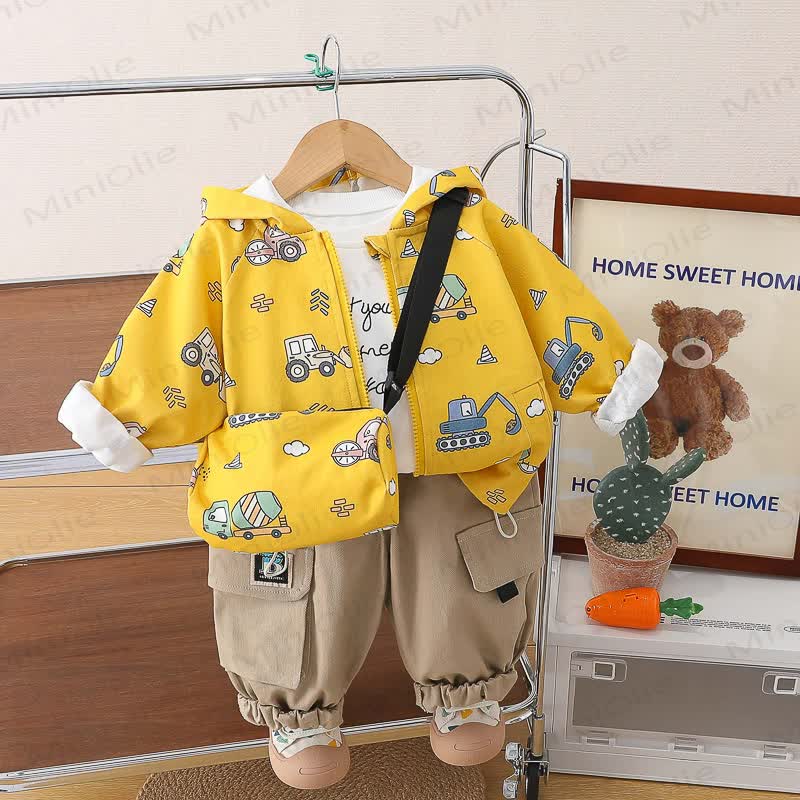 Baby Toddler Boy Construction Print Hooded and Cargo 3-piece Set with Bag - Yellow - 4-5T - image 2